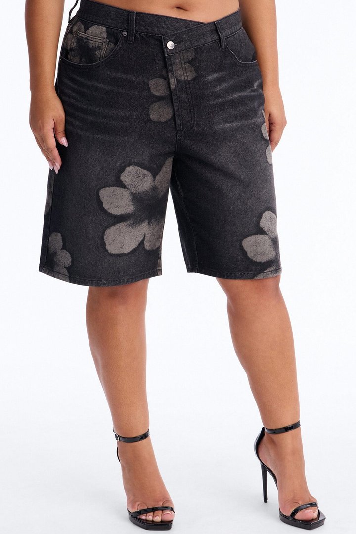 Born To Bloom Crossover Denim Jorts - Black Wash