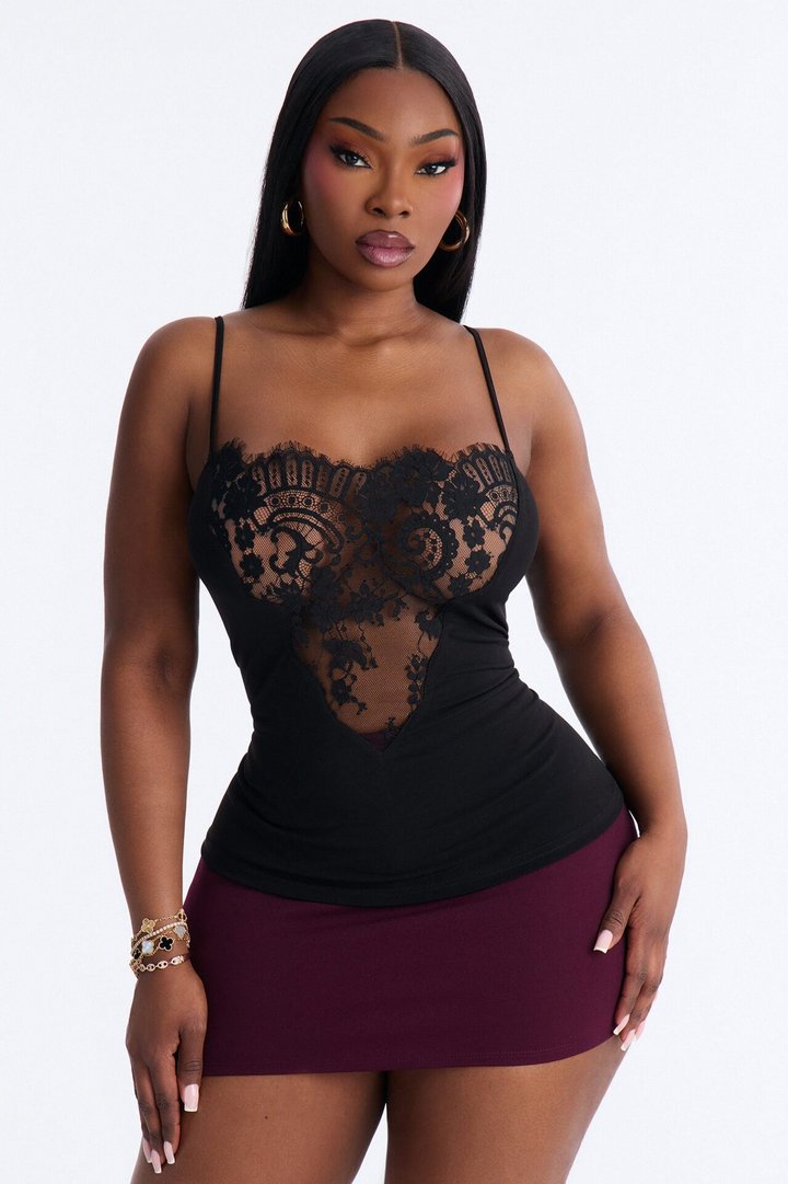 Up All Night Square Neck Lace Cami - Black