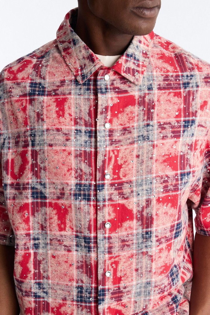Rhinestone Rain Short Sleeve Plaid Flannel - Red