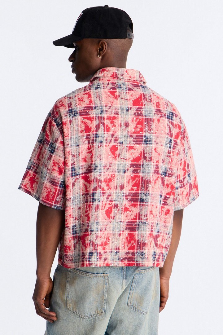Rhinestone Rain Short Sleeve Plaid Flannel - Red