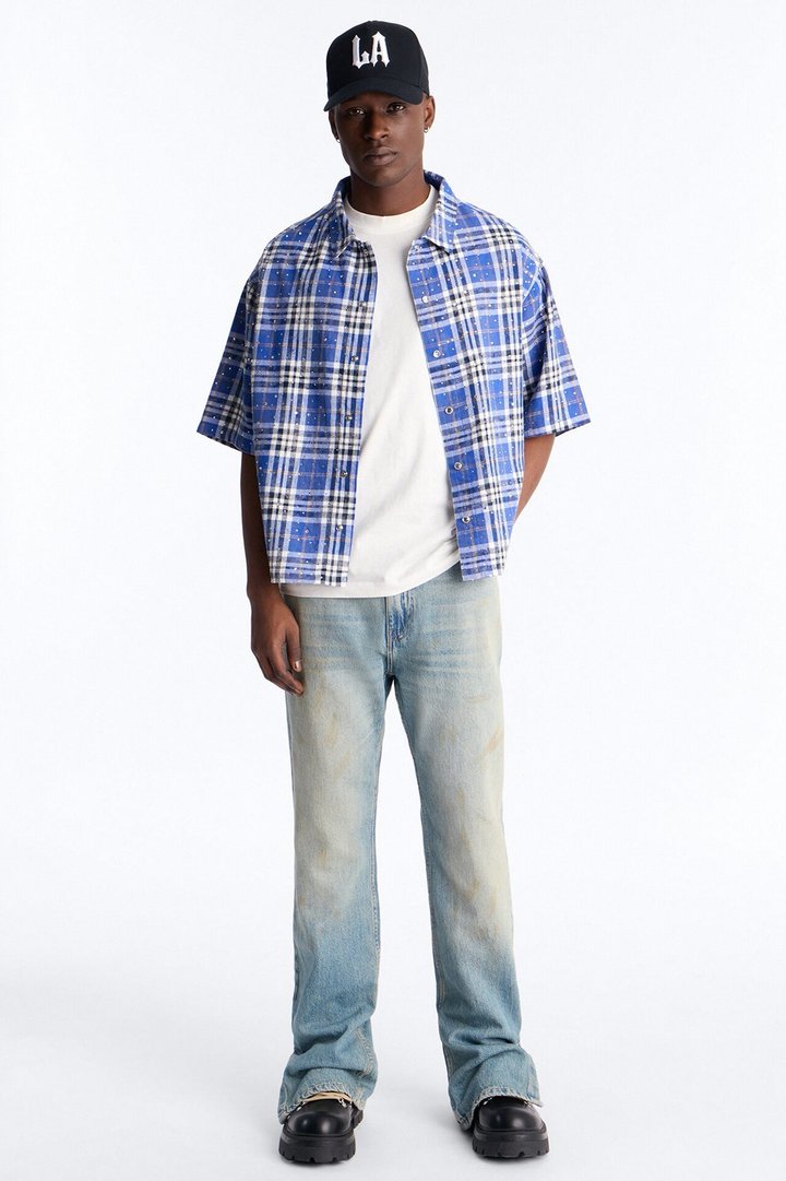 Rhinestone Rain Short Sleeve Plaid Flannel - Royal