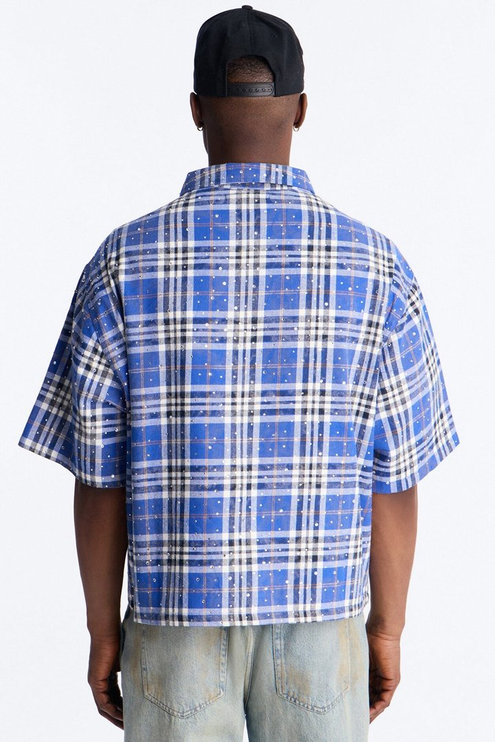Rhinestone Rain Short Sleeve Plaid Flannel - Royal