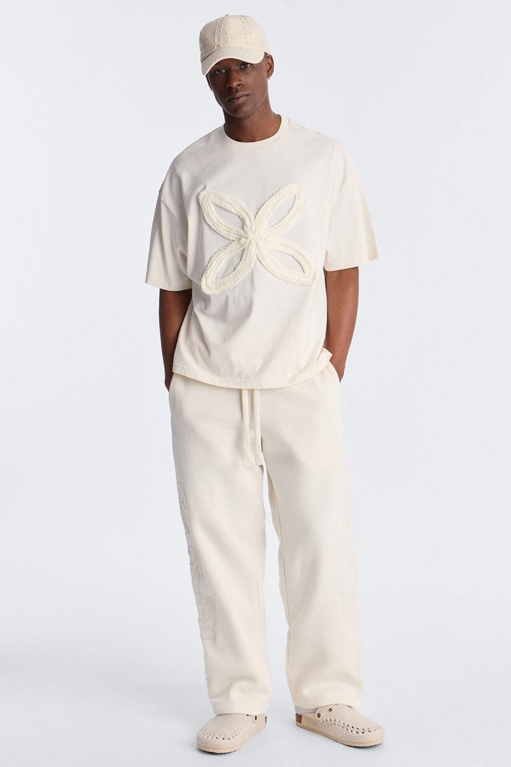 Embroidery Fleur Straight Sweatpants - Cream