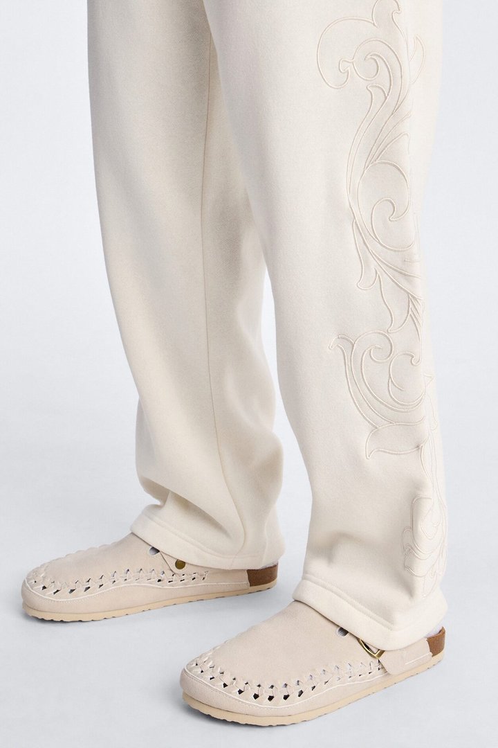 Embroidery Fleur Straight Sweatpants - Cream