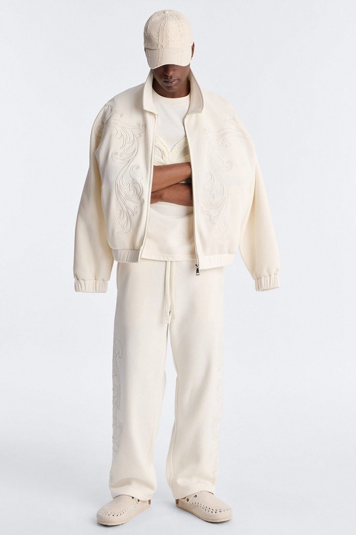 Embroidery Fleur Oversized Cropped Fleece Jacket - Cream