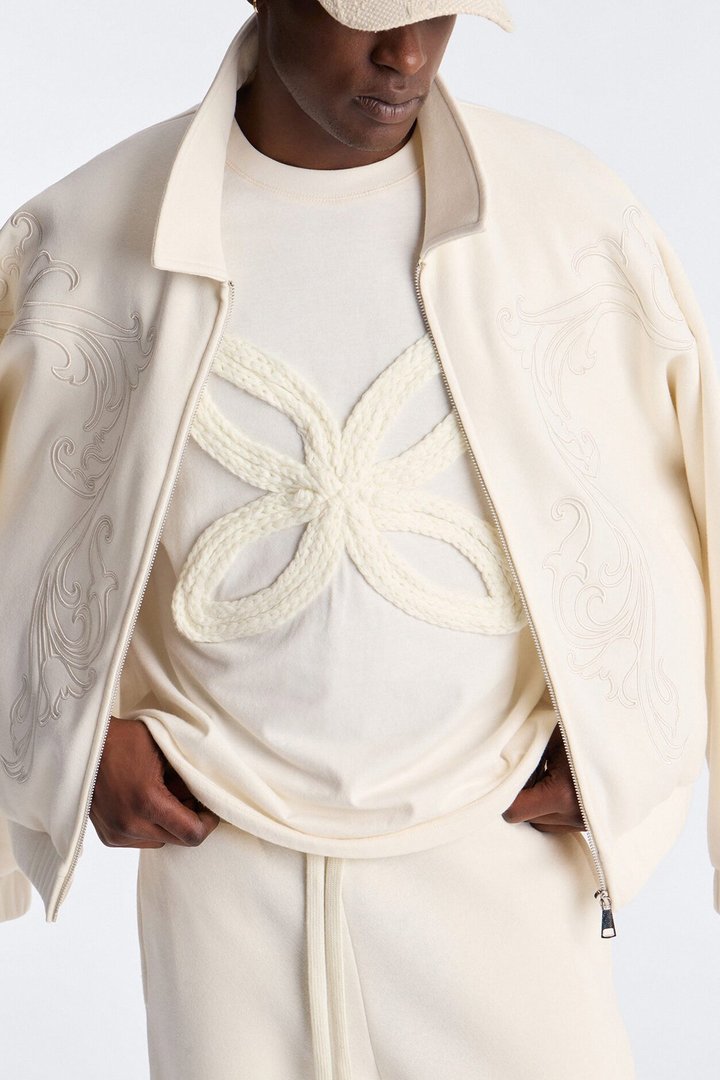 Embroidery Fleur Oversized Cropped Fleece Jacket - Cream