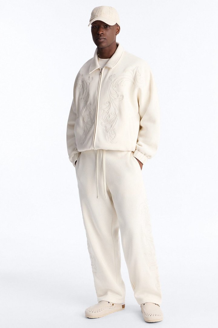 Embroidery Fleur Oversized Cropped Fleece Jacket - Cream