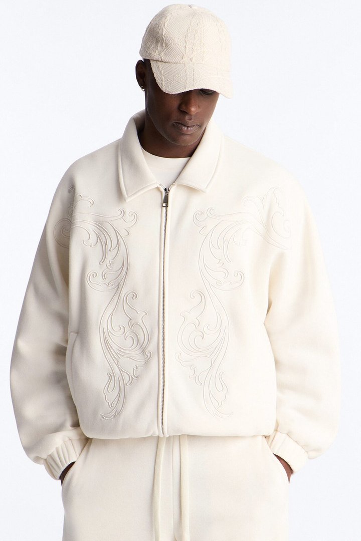 Embroidery Fleur Oversized Cropped Fleece Jacket - Cream