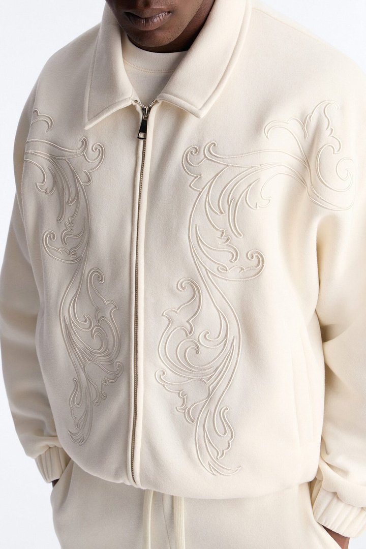 Embroidery Fleur Oversized Cropped Fleece Jacket - Cream