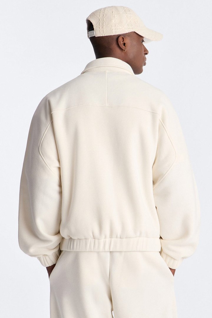 Embroidery Fleur Oversized Cropped Fleece Jacket - Cream
