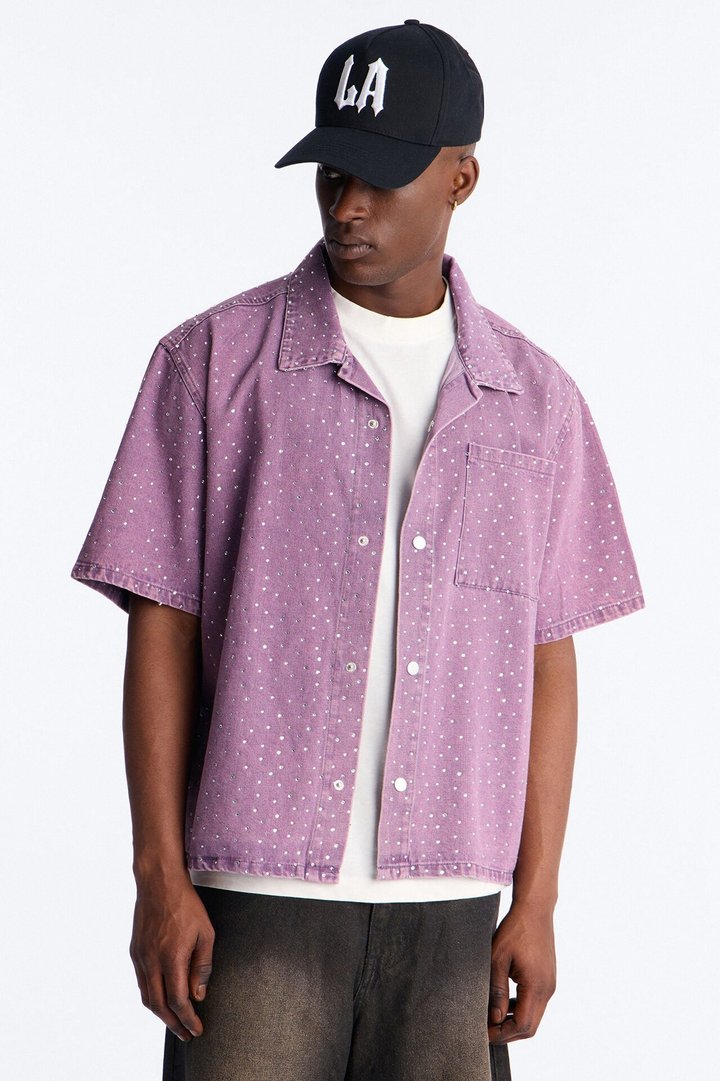 Cropped Embellished Denim Button Up Shirt - Purple