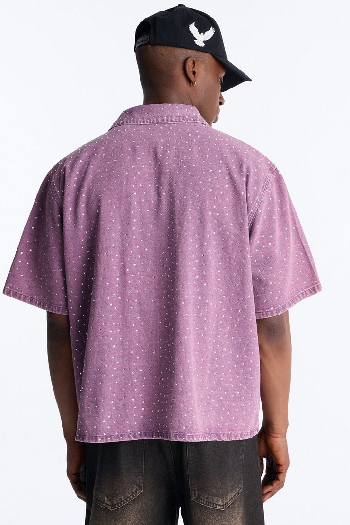 Cropped Embellished Denim Button Up Shirt - Purple