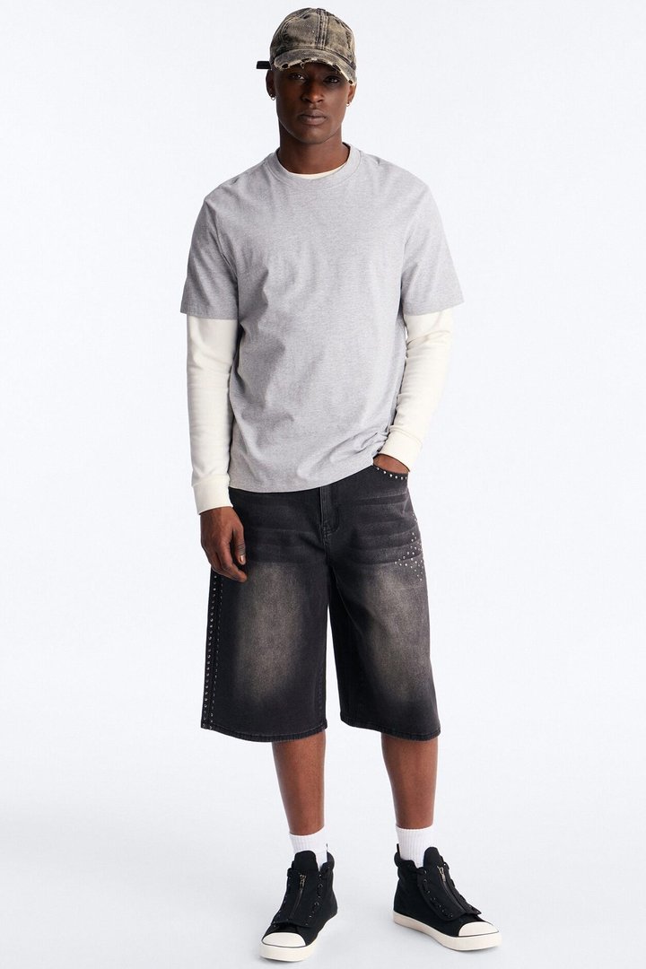 In Denim We Trust Baggy Studded Denim Short - Black Wash