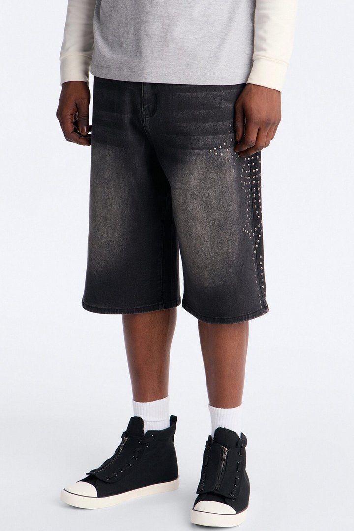 In Denim We Trust Baggy Studded Denim Short - Black Wash