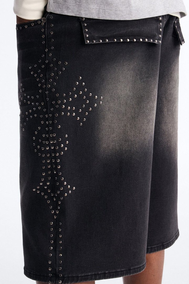 In Denim We Trust Baggy Studded Denim Short - Black Wash