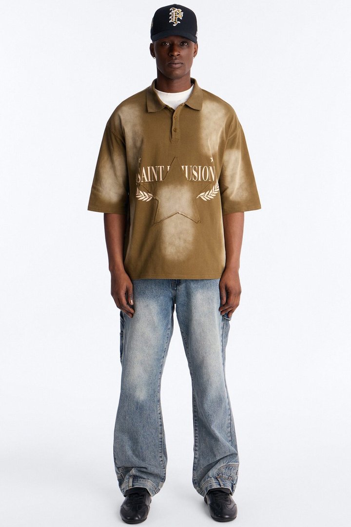 Stars And Saints illusion Short Sleeve Knit Polo - Brown