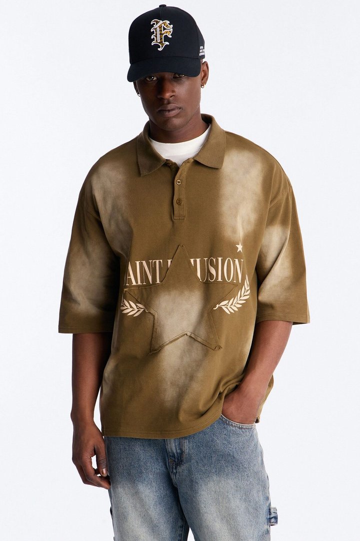 Stars And Saints illusion Short Sleeve Knit Polo - Brown