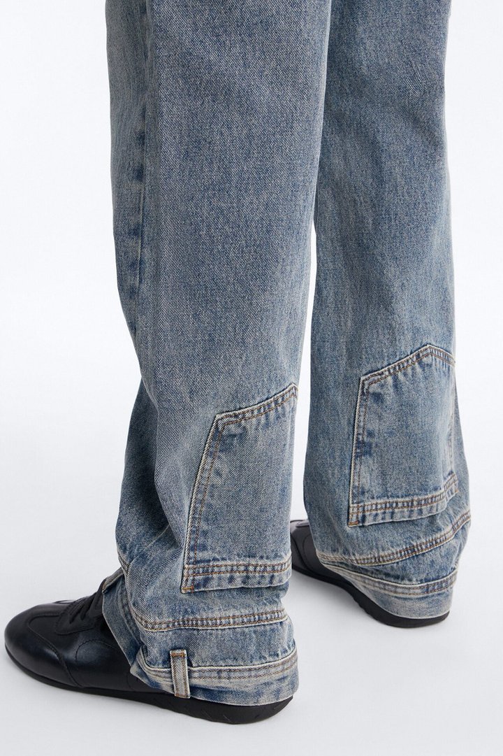 Straight Flare Upside Down Hem Jeans - Vintage Blue Wash