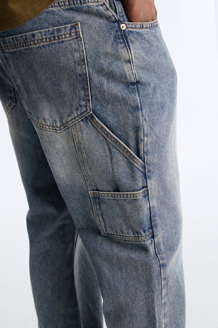 Straight Flare Upside Down Hem Jeans - Vintage Blue Wash