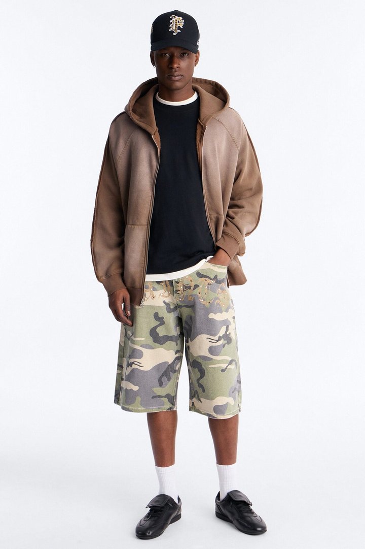 Relaxed Saints Embellished Camo Denim Shorts - Camouflage