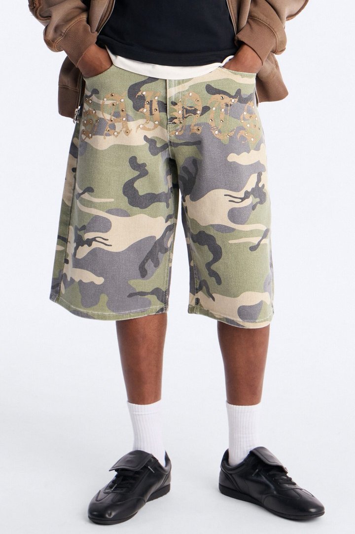 Relaxed Saints Embellished Camo Denim Shorts - Camouflage