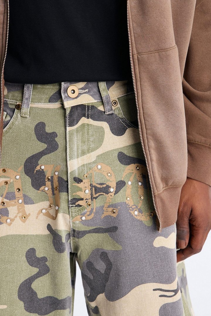 Relaxed Saints Embellished Camo Denim Shorts - Camouflage