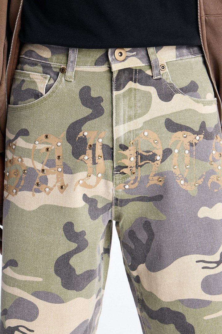 Relaxed Saints Embellished Camo Denim Shorts - Camouflage