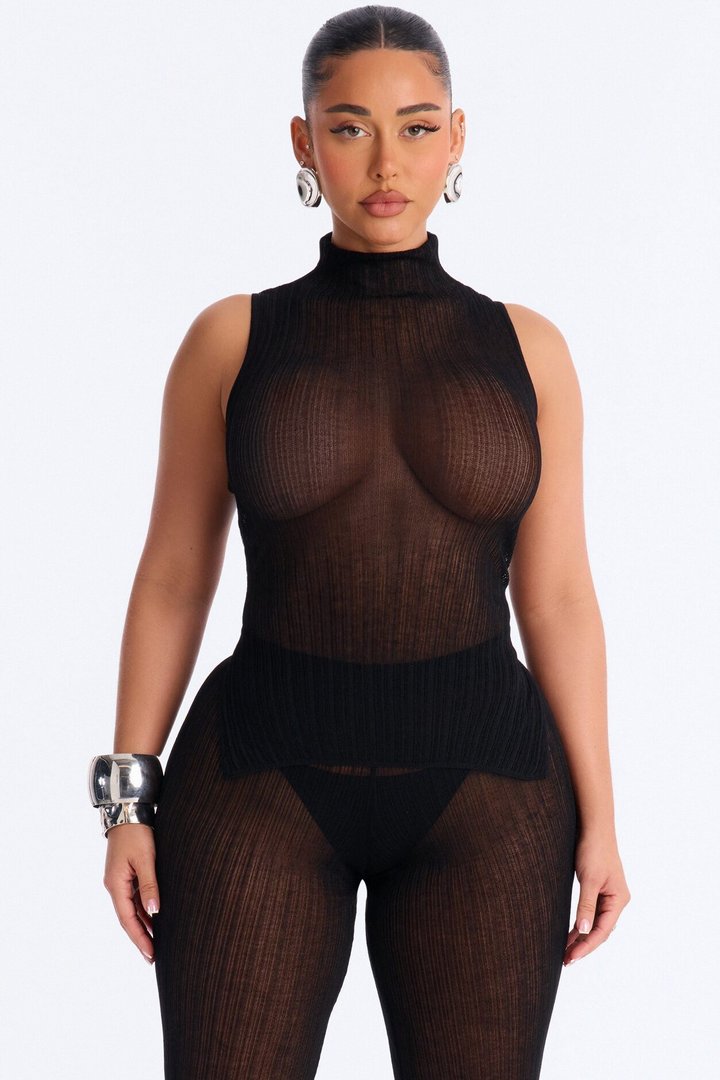 Sienna Sheer Knit High Neck Top - Black