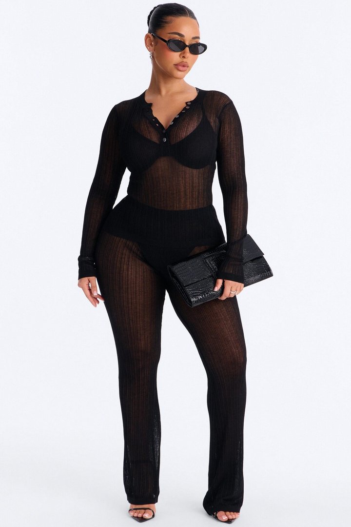 Sienna Sheer Knit Long Sleeve Top - Black