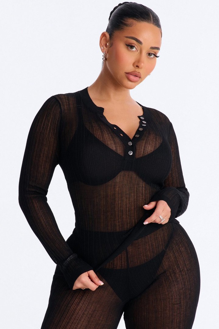 Sienna Sheer Knit Long Sleeve Top - Black
