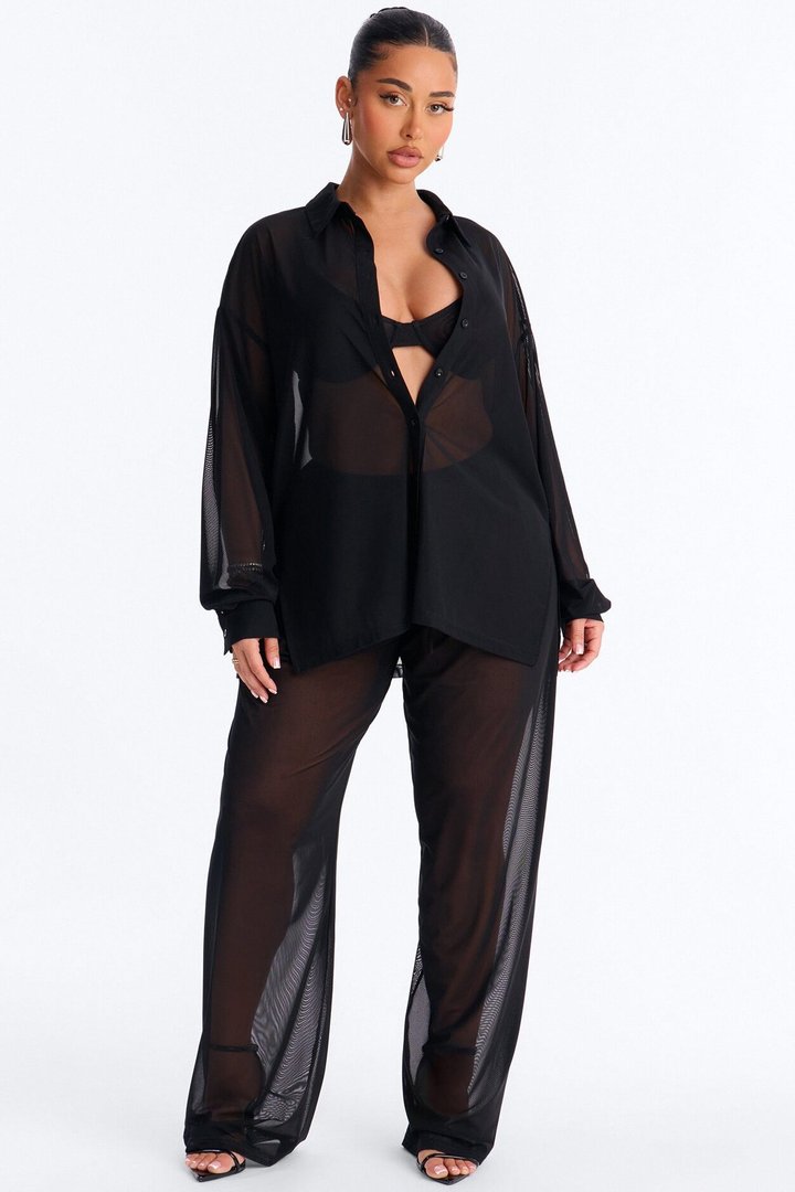 Staying In Mesh Collard Long Sleeve Shirt - Black