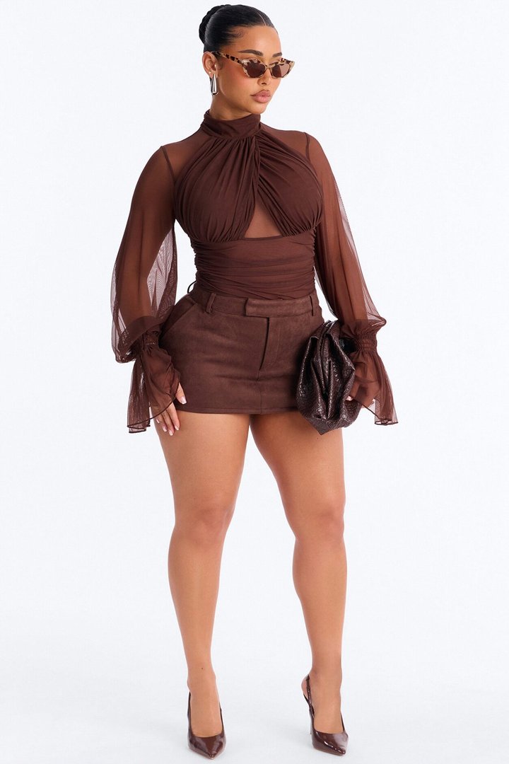 Juliet Ruched Mesh Long Sleeve Bodysuit - Brown