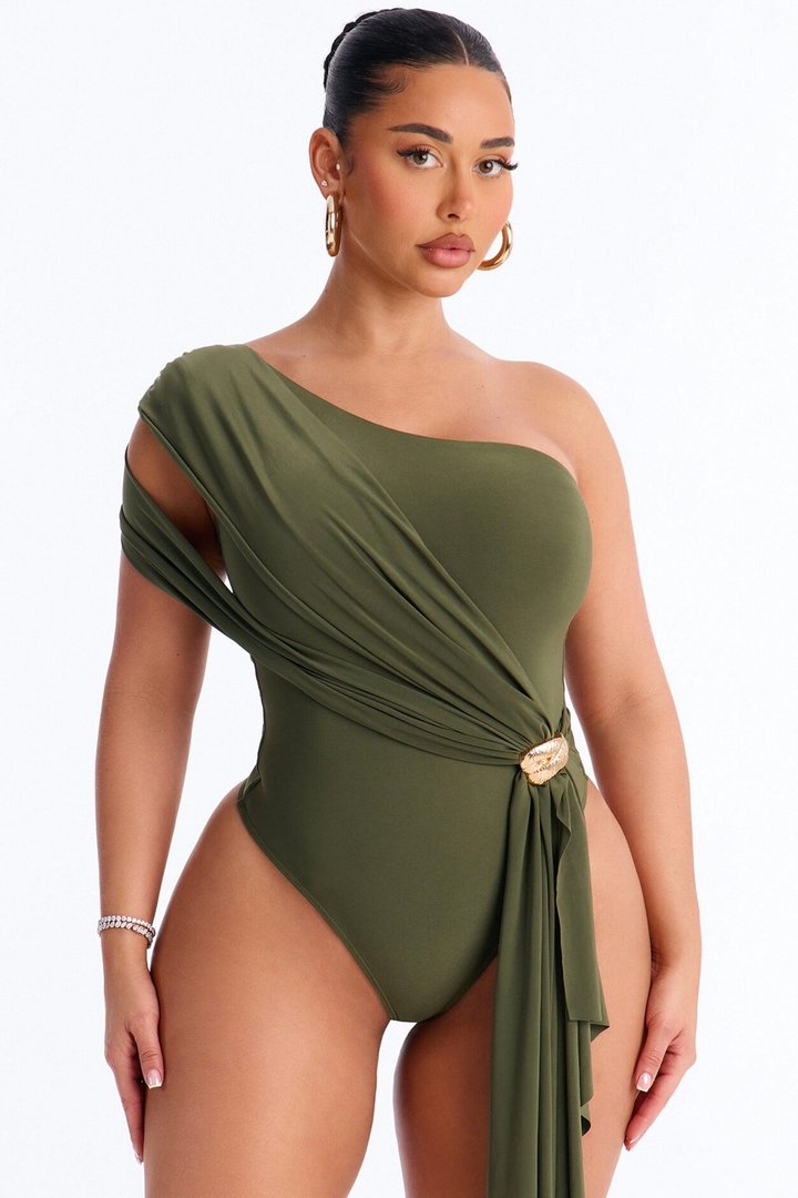 Roma Muse One Shoulder Draped Bodysuit - Olive