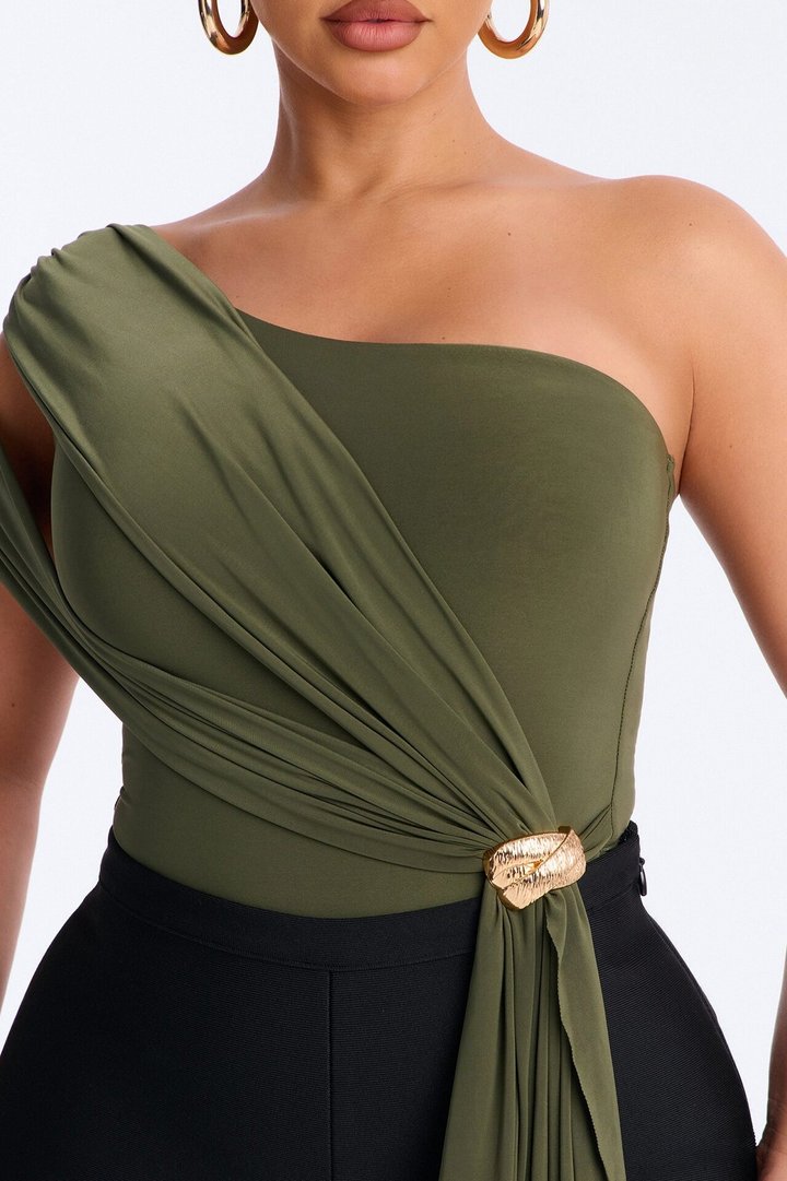 Roma Muse One Shoulder Draped Bodysuit - Olive