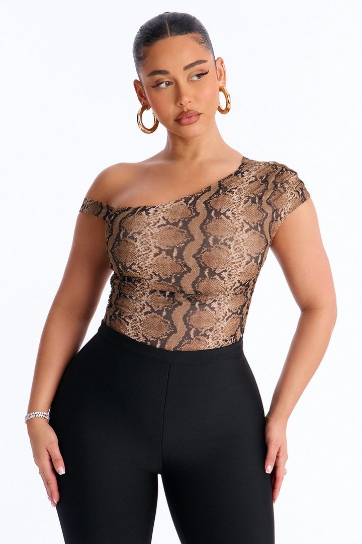 Sunara Snake Off Shoulder Mesh Bodysuit - Brown/combo