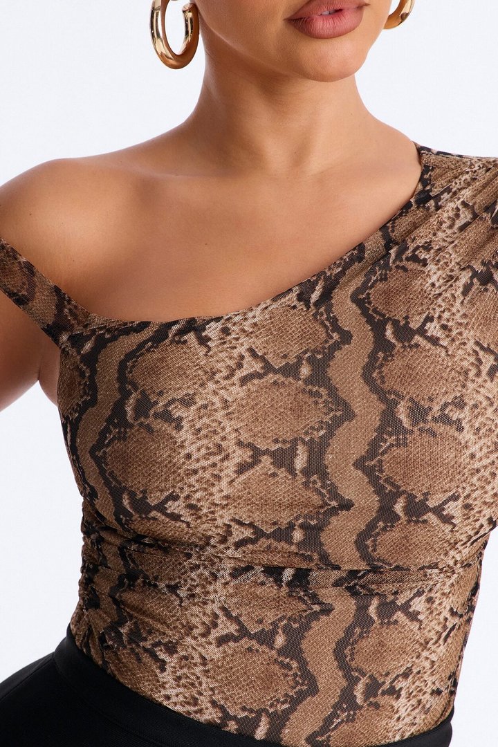 Sunara Snake Off Shoulder Mesh Bodysuit - Brown/combo