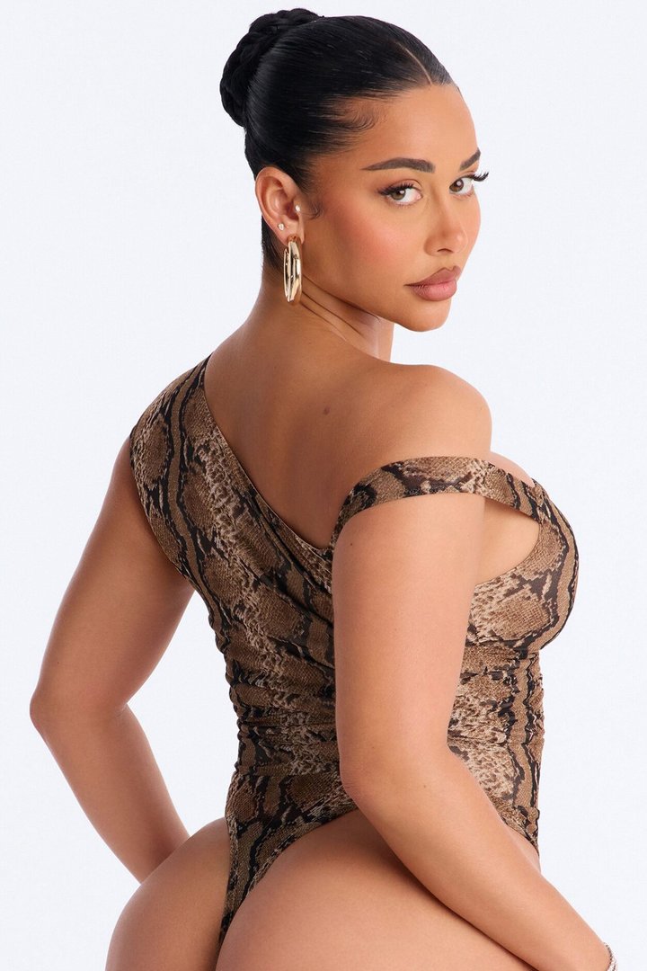 Sunara Snake Off Shoulder Mesh Bodysuit - Brown/combo
