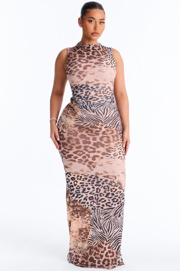 Into The Night Mesh Maxi Dress - Brown/combo