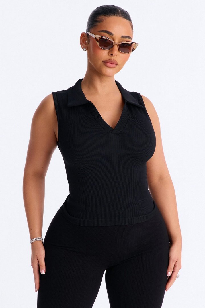 Lyra Seamless Rib Basic Sleeveless Collared Top - Black