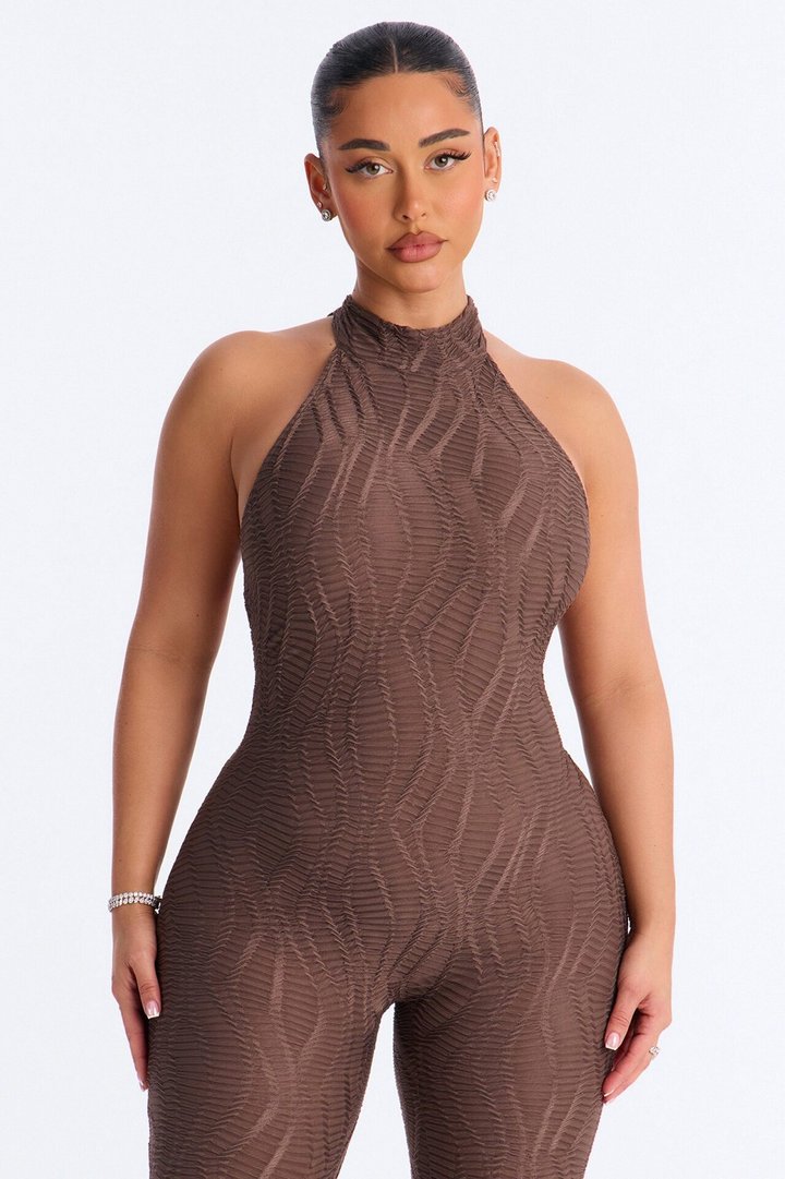 Carina High Neck Textured Backless Capri Catsuit - Chocolate