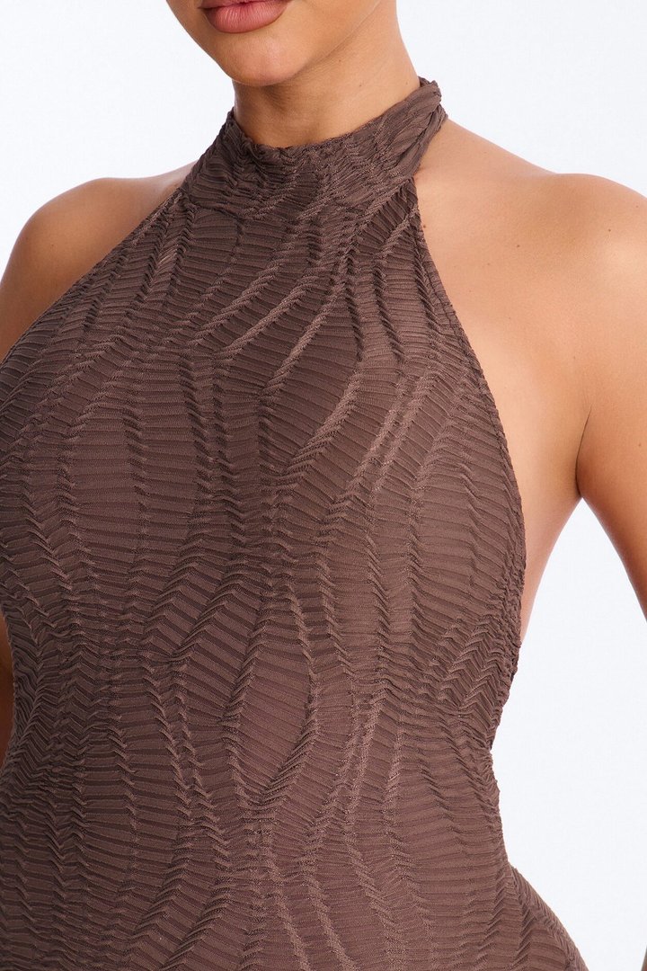 Carina High Neck Textured Backless Capri Catsuit - Chocolate