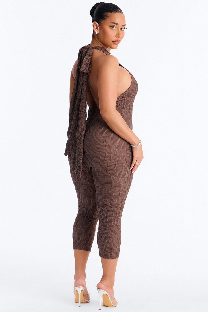 Carina High Neck Textured Backless Capri Catsuit - Chocolate