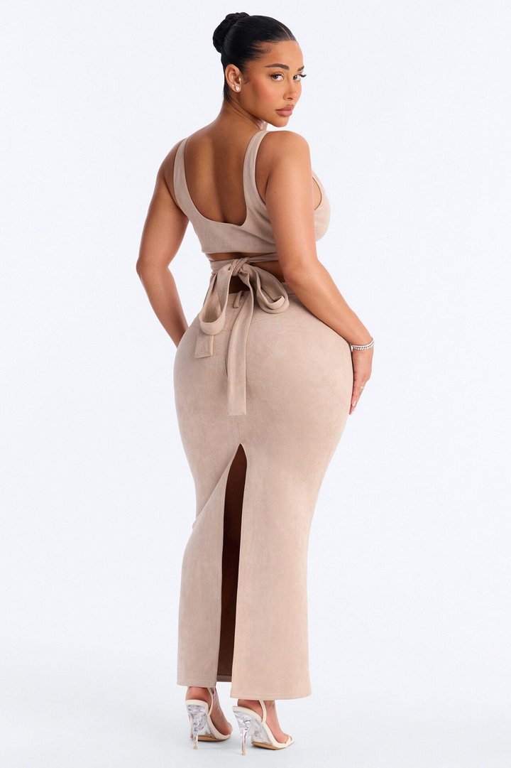 Maxine Faux Suede Skirt Set - Stone