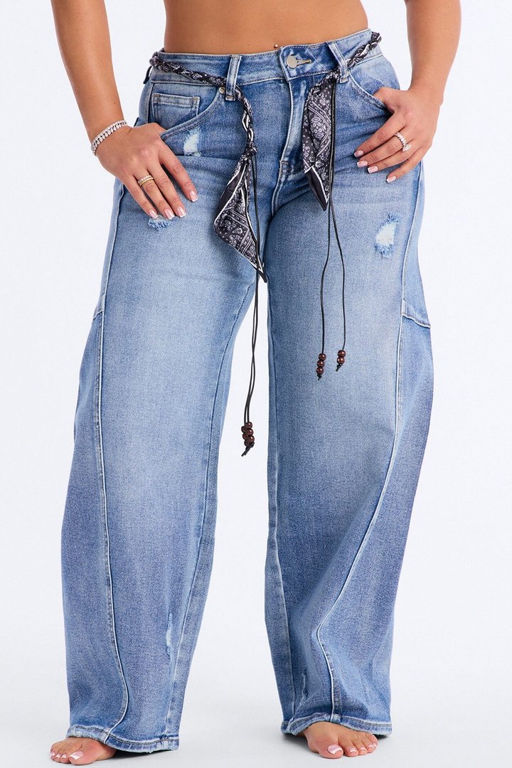 Sardinia Summer Belted Loose Fit Jeans - Medium Wash