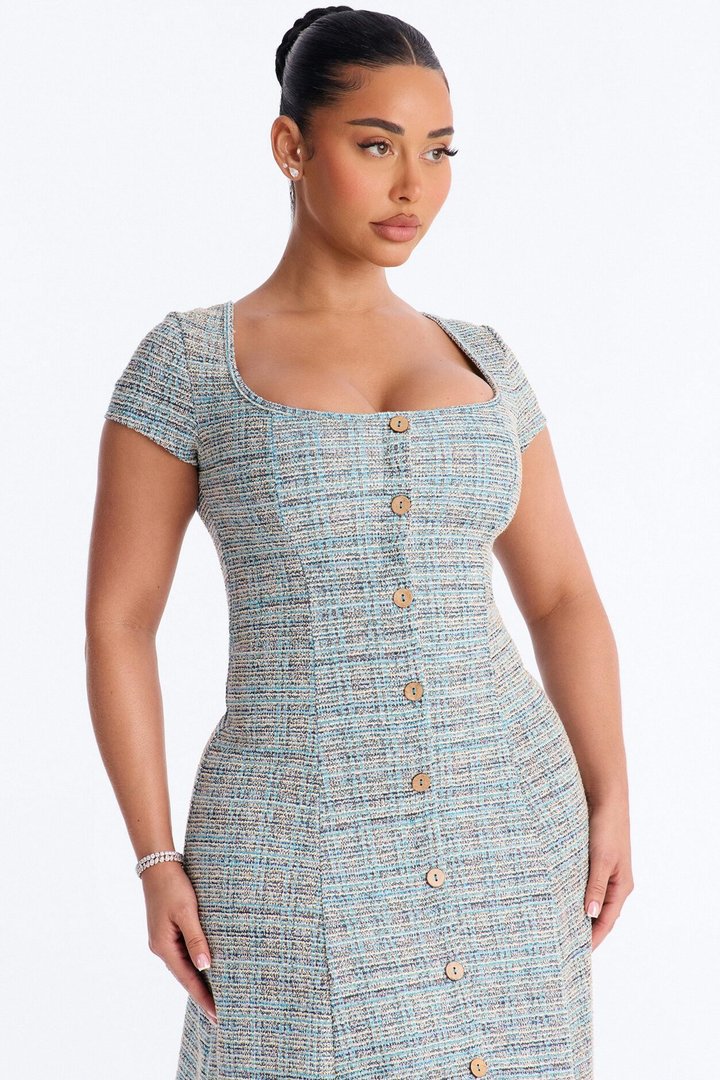 Cassandra Tweed Midi Dress - Blue/combo