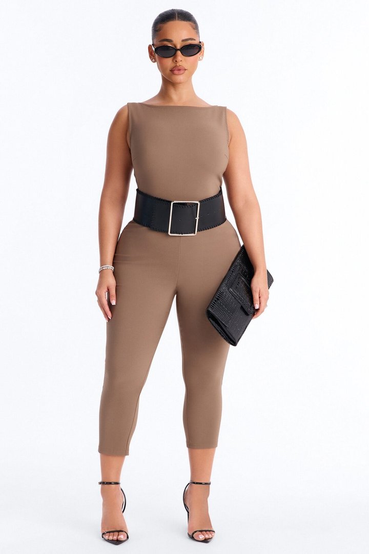 Amaya Boat Neck Belted Capri Jumpsuit - Taupe