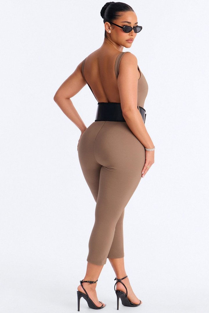 Amaya Boat Neck Belted Capri Jumpsuit - Taupe