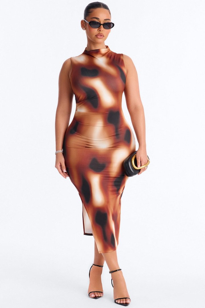 Zuri Tie Die Midi Dress - Brown/combo