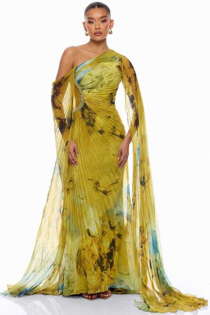 Cleo Draped Pleated Maxi Dress - Green/combo