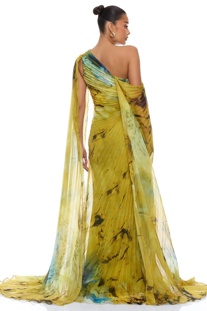 Cleo Draped Pleated Maxi Dress - Green/combo